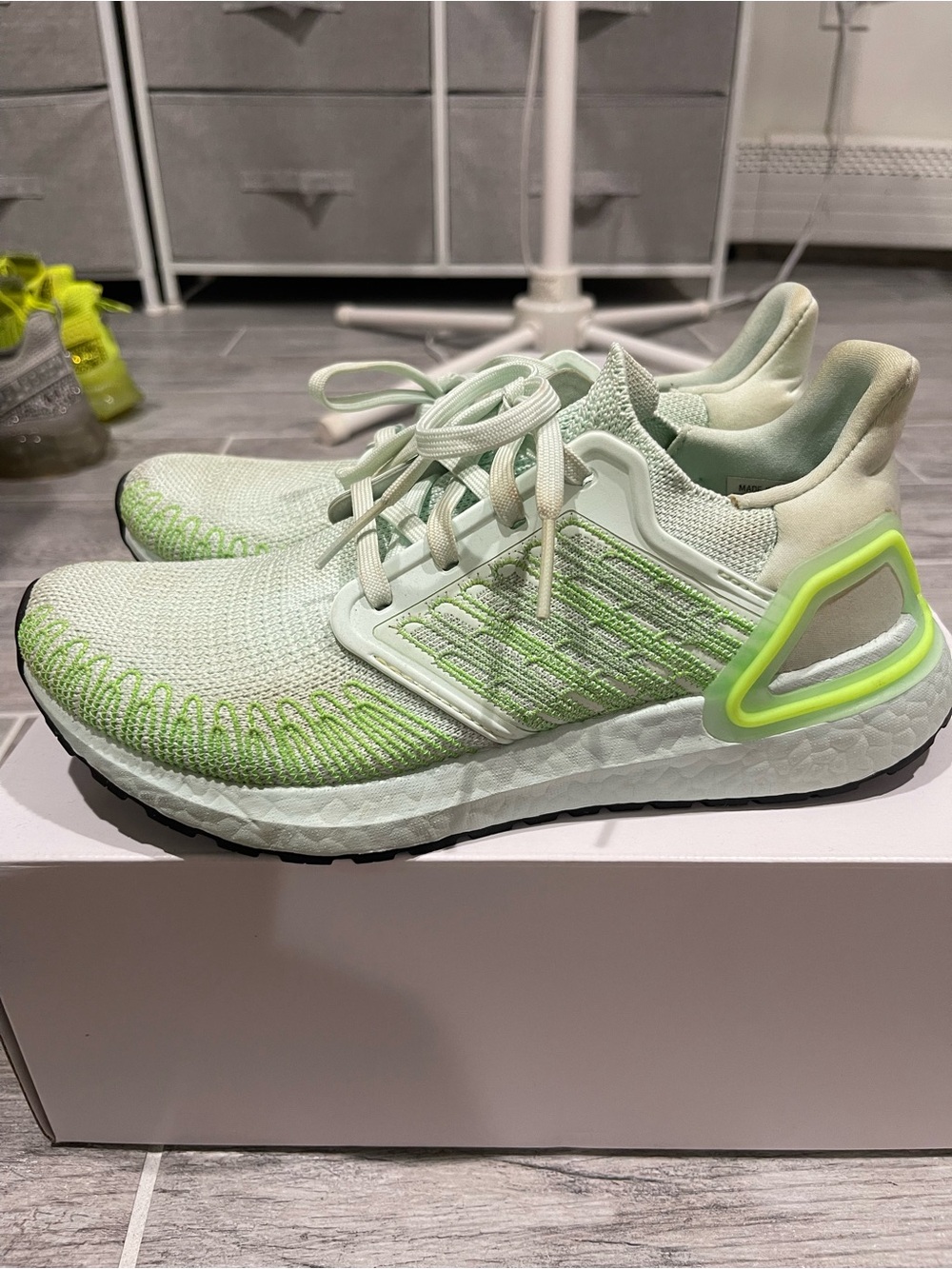 adidas Women’s Mint Green Knit Sneakers with Neon Yellow Accents